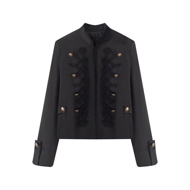 Damen Kurzjacke im Militärestil mit Stehkragen Kordverzierung und Zierknöpfen Drune