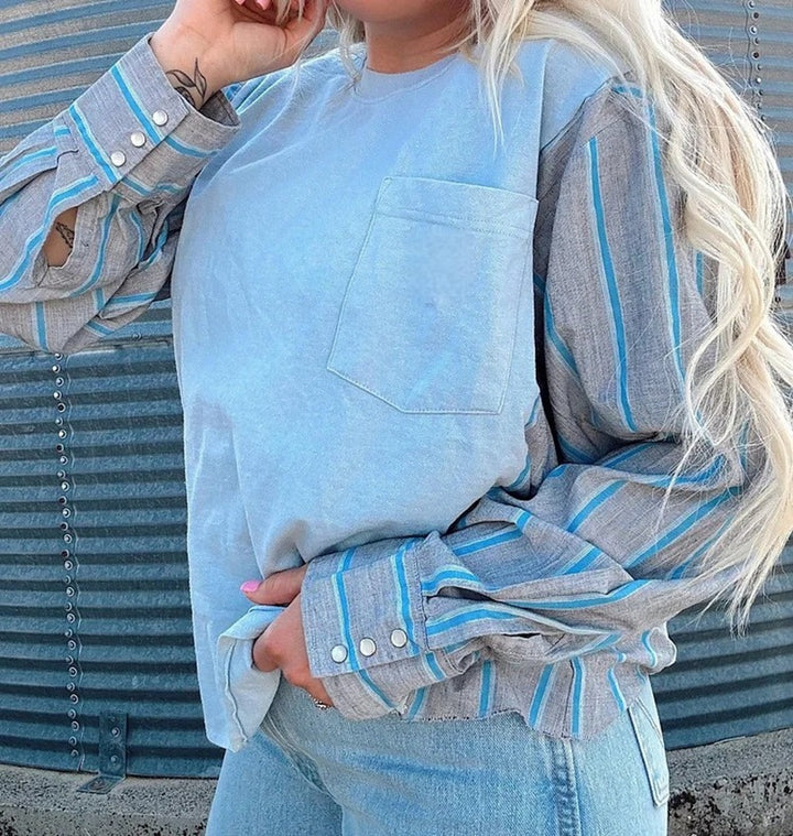 Damen nan Langarmshirt im Lagenlook mit Brusttasche und gestreiften Hemdärmeln Drune