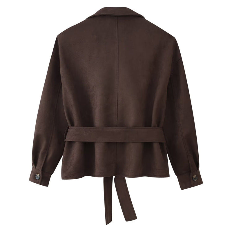 Damen Cropped Trenchjacke im Velourslook mit Bindegürtel und Schulterklappen Drune