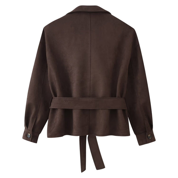 Damen Cropped Trenchjacke im Velourslook mit Bindegürtel und Schulterklappen Drune