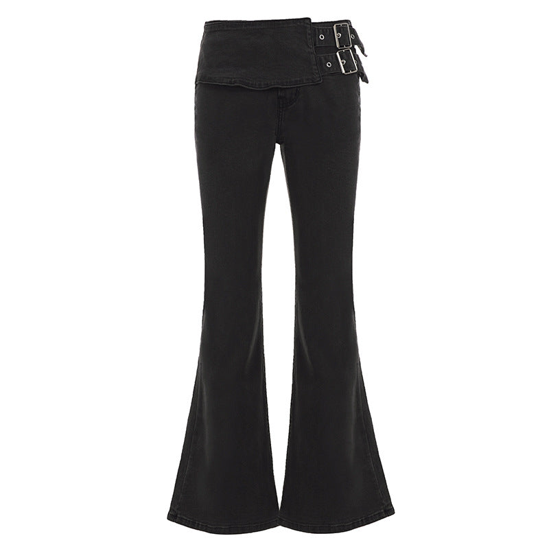 Damen High-Waist Bootcut-Jeans mit asymmetrischem Bund und Doppel-Schnallenverschluss Drune