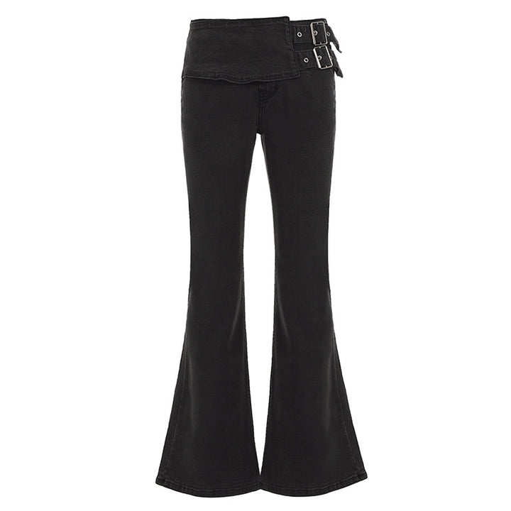 Damen High-Waist Bootcut-Jeans mit asymmetrischem Bund und Doppel-Schnallenverschluss Drune