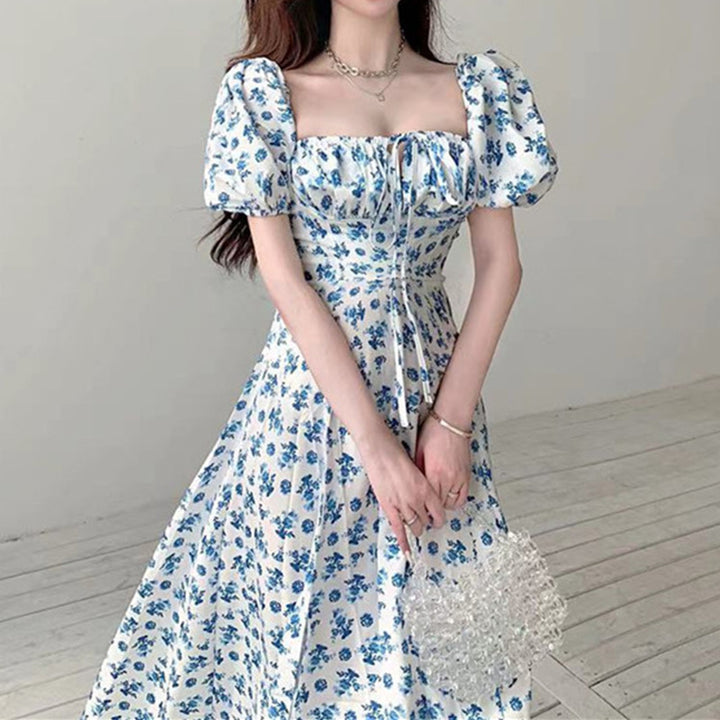 Damen Blütenmuster Mini-Kleid mit Puffärmeln Drune