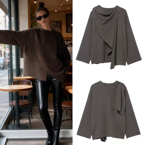 Damen Drapierter Oversize-Cardigan mit Kapuzenkragen und weitem Ärmel Drune