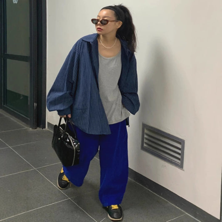 Damen Oversize-Hemd mit feiner Nadelstreifen-Optik, gerundetem Saum und überschnittener Schulter Drune