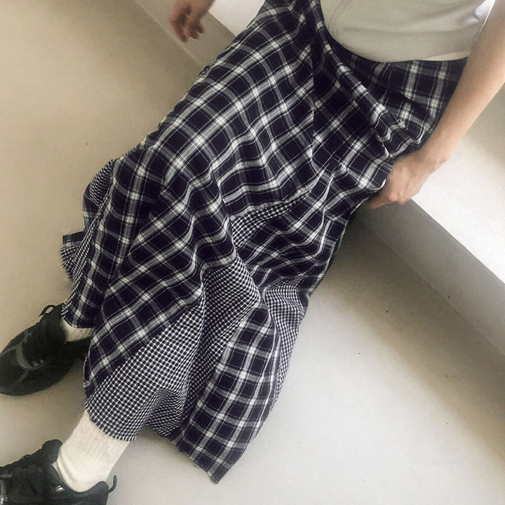 Damen Eleganter Maxirock mit kontrastierenden Karomustern und seitlichen Schlitzen Drune