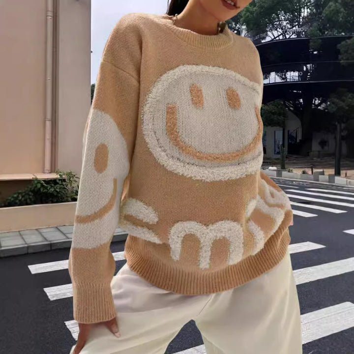 Damen Strickpullover mit fröhlichem Emoji-Motiv und komfortablem Schnitt Drune