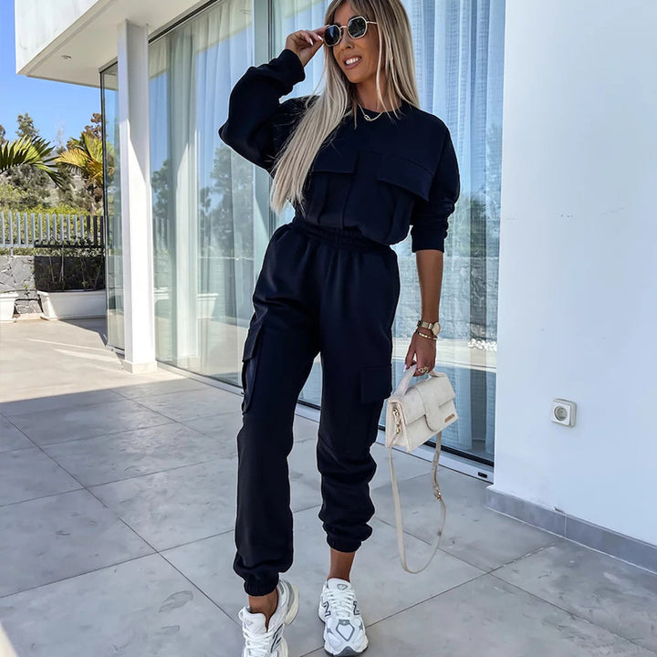 Damen Cargo-Loungewear-Set aus weicher Baumwollmischung mit hoher Taille und aufgesetzten Cargo-Taschen Drune