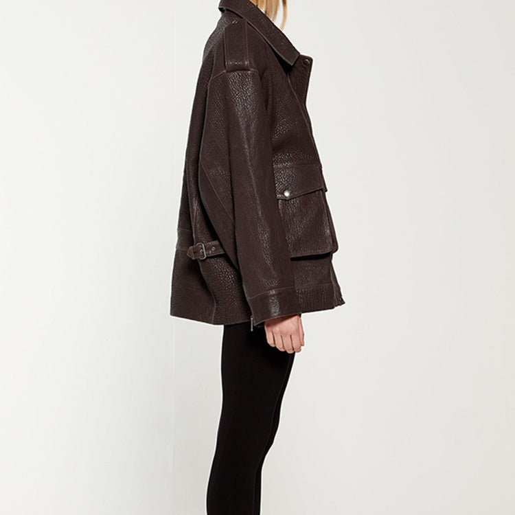 Damen Oversized Lederjacke im robusten Design mit praktischen Taschen Drune
