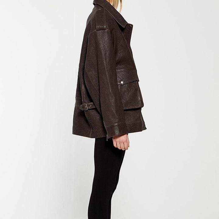Damen Oversized Lederjacke im robusten Design mit praktischen Taschen Drune