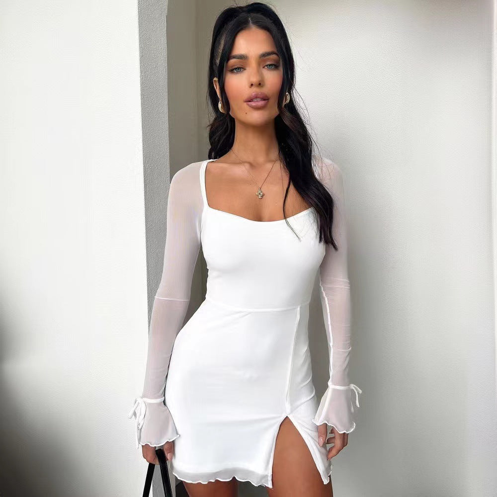 Damen Minikleid mit transparenten Ärmeln und seitlichem Schlitz Drune