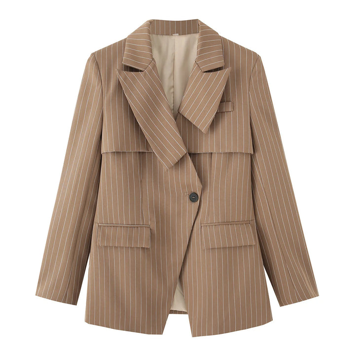 Damen nan gestreifter Oversize-Blazer mit asymmetrischer Schalkragen-Überlagerung und Pattentaschen Drune