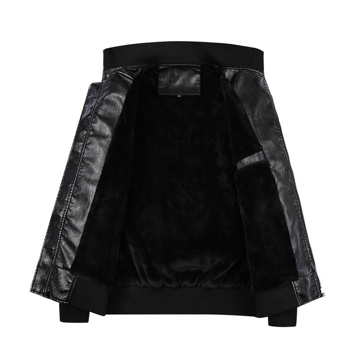 Herren Kunstleder-Bomberjacke im Vintage‑Fliegerstil mit geripptem Stehkragen und dekorativen Aufnähern Drune