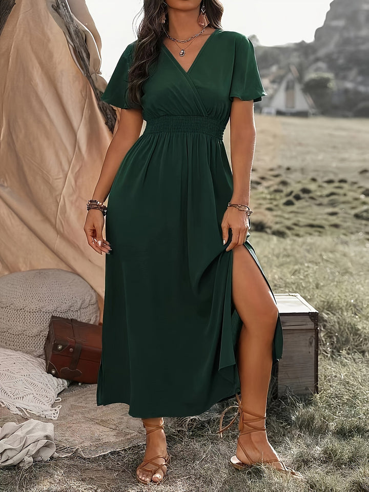 Damen Elegantes Maxikleid mit Wickeloptik und Puffärmeln Drune