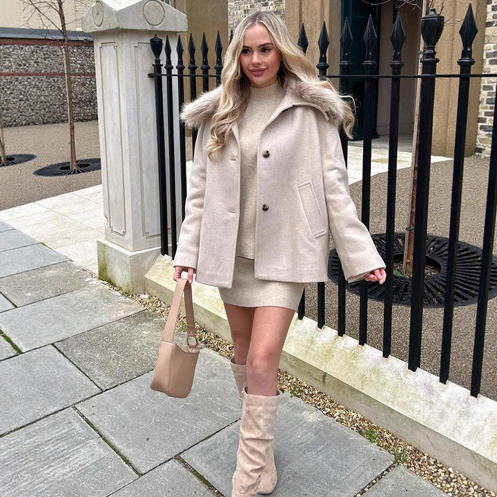 Damen Kurzmantel mit Webpelz-Schalkragen & kastiger Oversize-Silhouette Drune