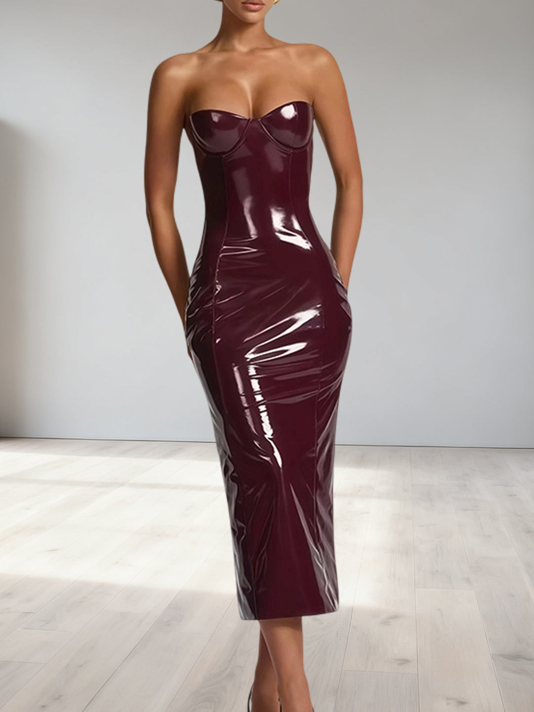 Damen Bodycon-Kleid mit trägerlosem Design und glänzender Oberfläche Drune