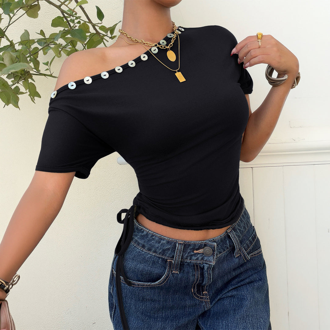 Damen Off-Shoulder Oberteil mit Rüschen und dekorativen Knöpfen Drune