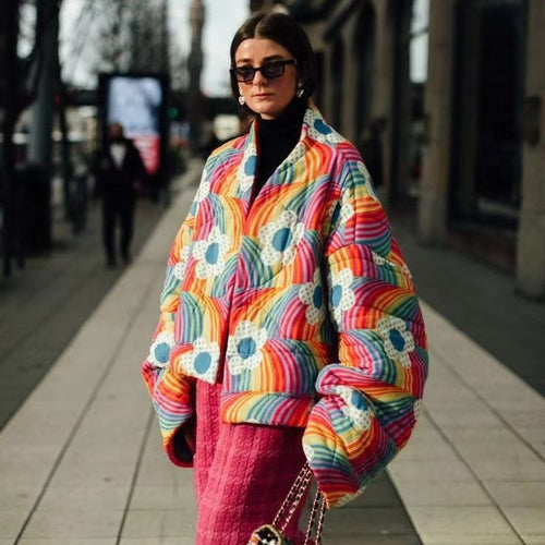 Damen gesteppten OverGrößed-Jacke mit buntem Blüten-Design und großzügigen Taschen Drune