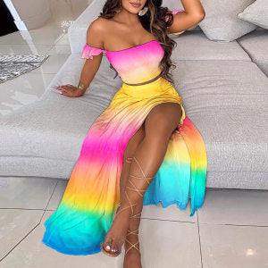 Damen Maxikleid mit schulterfreiem Design und buntem Farbverlauf Drune
