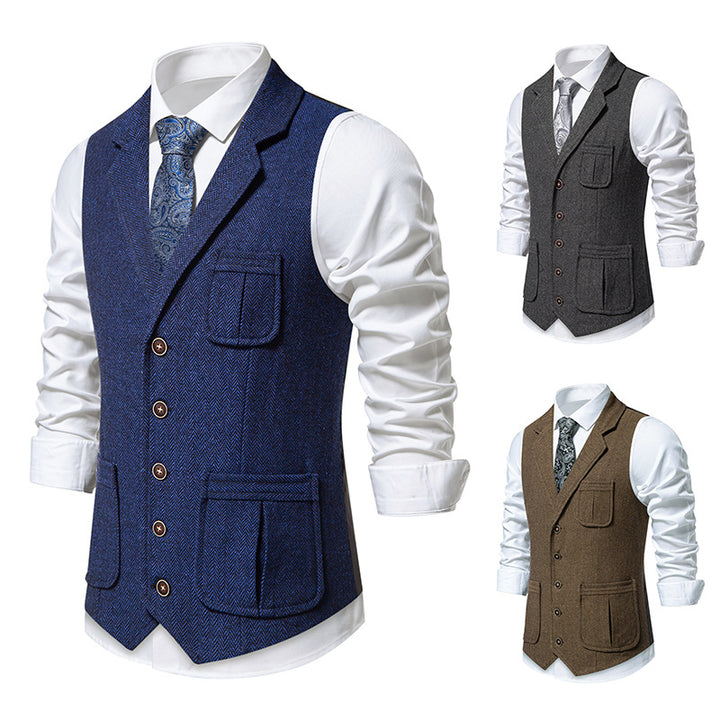 Herren Tweed-Weste mit Fischgrätmuster, Reverskragen und Pattentaschen Drune