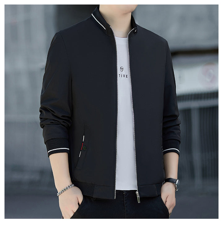 Herren Minimalistische Softshell-Bomberjacke mit Stehkragen und Kontraststreifen-Bündchen Drune