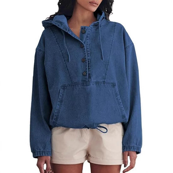 Damen Denim-Hoodie mit halber Knopfleiste, Kängurutasche und Tunnelzugsaum Drune