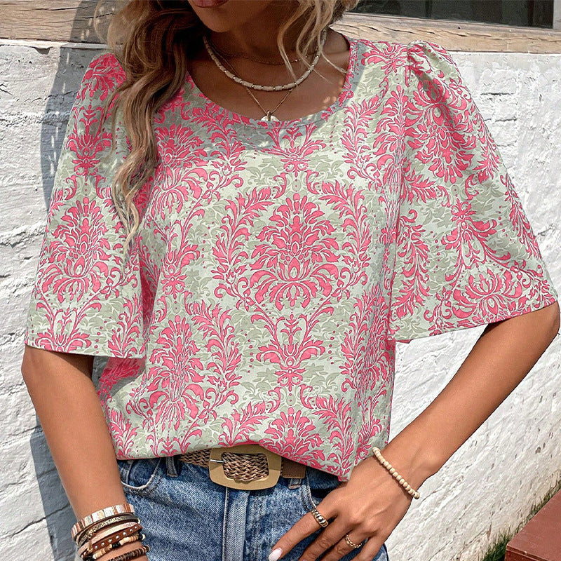 Damen Bluse mit volumetrischen Ärmeln und floralen Mustern Drune