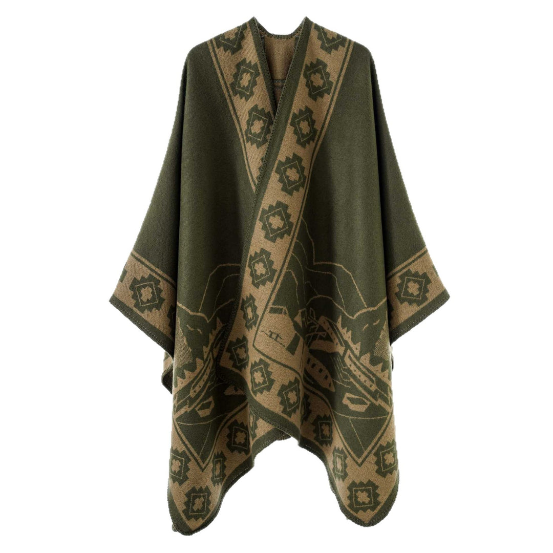 Damen Jacquard‑Strickponcho mit offenem Fall und Bordüren‑Detail Drune