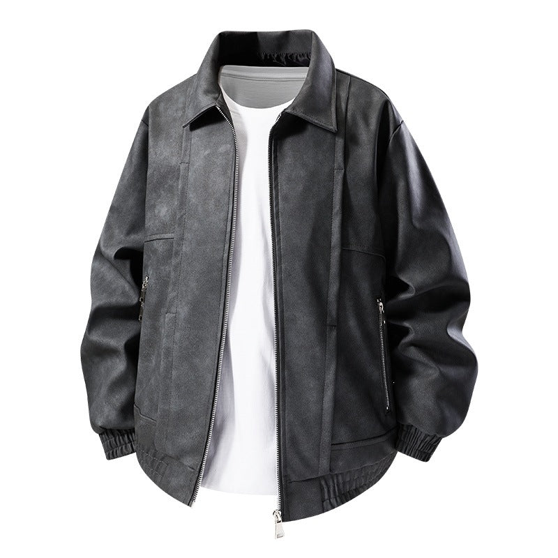 Herren Lässige Kunstlederjacke mit elastischen Bündchen Drune