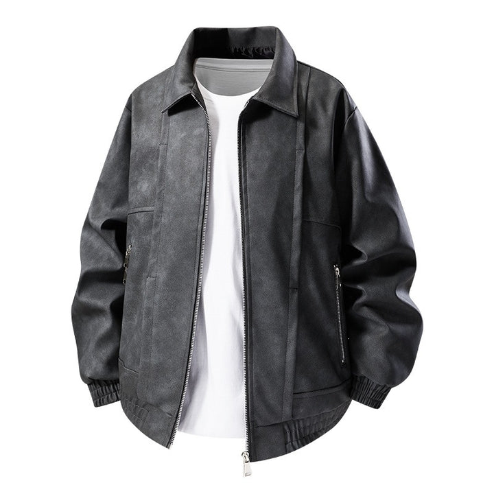 Herren Lässige Kunstlederjacke mit elastischen Bündchen Drune