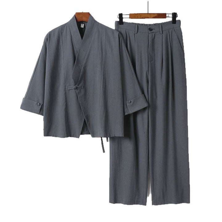 Herren Modernes Zen-Loungewear-Set aus Leichtem Material mit Kurz-Kimono und tailliert-zulaufender Bundhose Drune