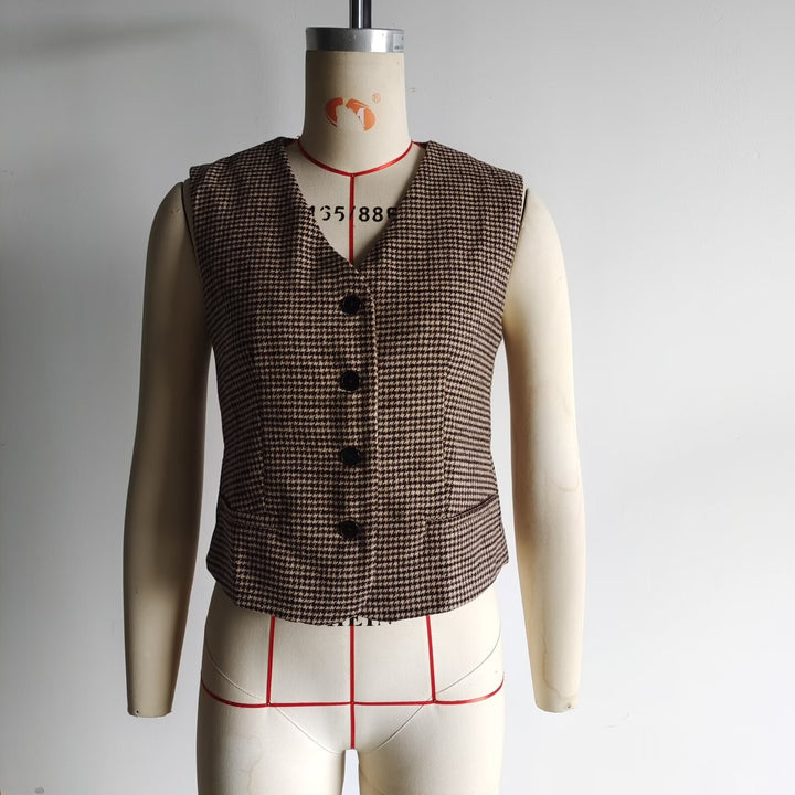 Damen nan tailliertes Hahnentritt-Gilet mit V-Ausschnitt und Knopfleiste Drune