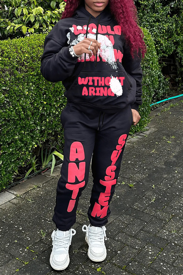 Damen Sportliches Sweatpants und Hoodie Set mit auffälligem Schriftzug Drune