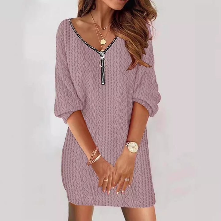 Damen Strickkleid mit modernem Zipper und V-Ausschnitt Drune