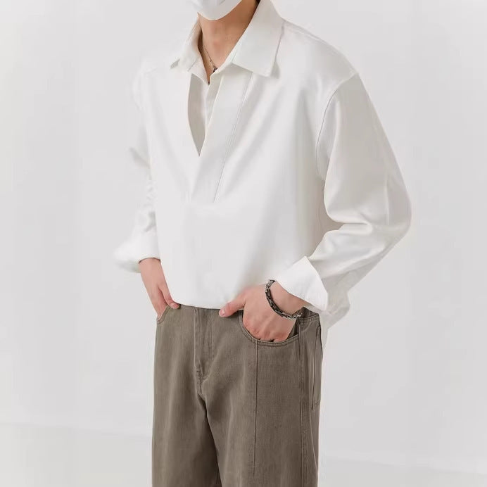 Herren Hemd-Pullover im Oversize-Schnitt mit tiefem V-Ausschnitt und klassischem Kragen Drune