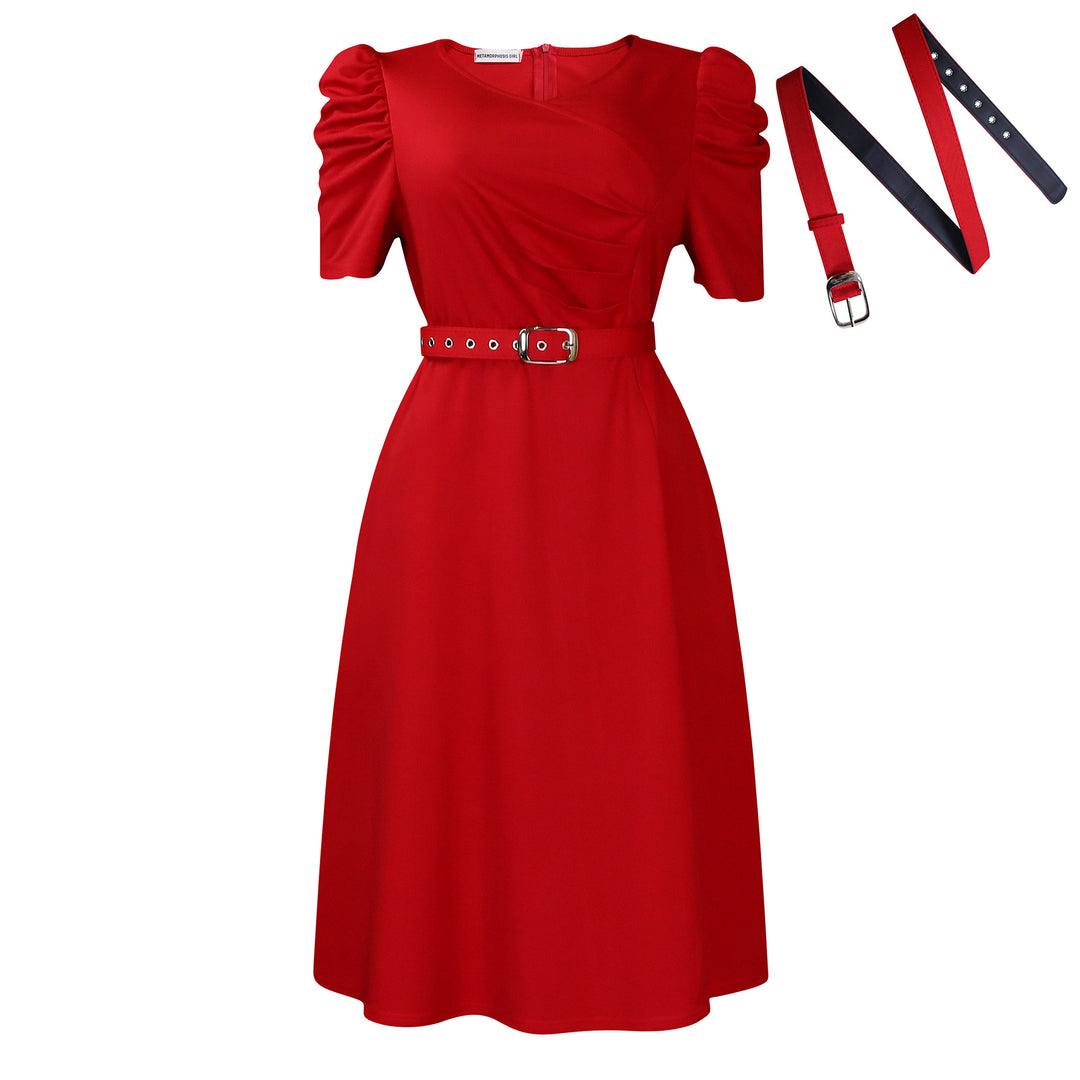 Damen Midi-Kleid mit eleganten Puffärmeln und tailliertem Gürtel Drune