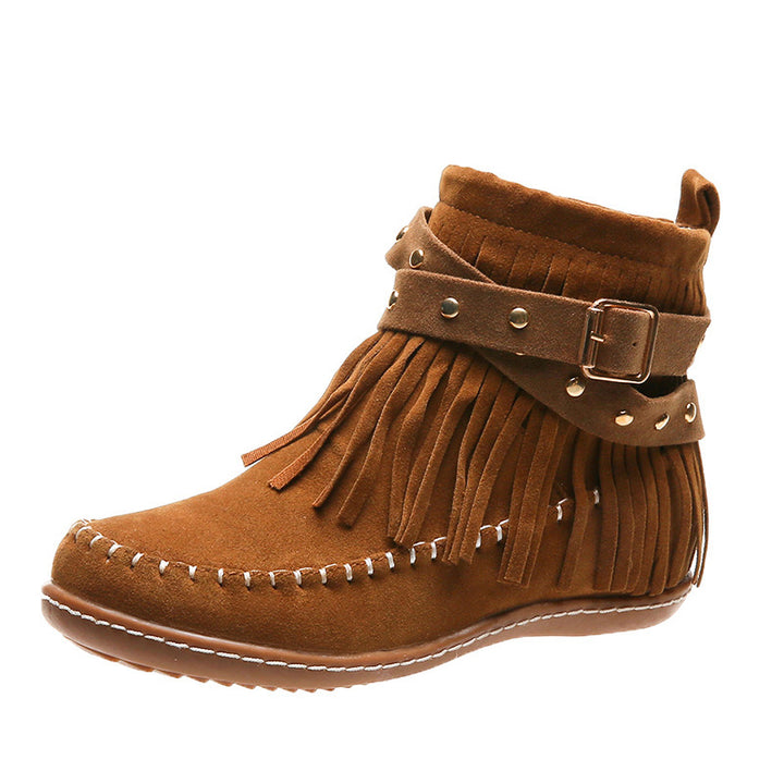 Damen nan Fransen-Mokassin-Stiefelette mit Ziergurt, Schnalle und weicher Gummisohle Drune
