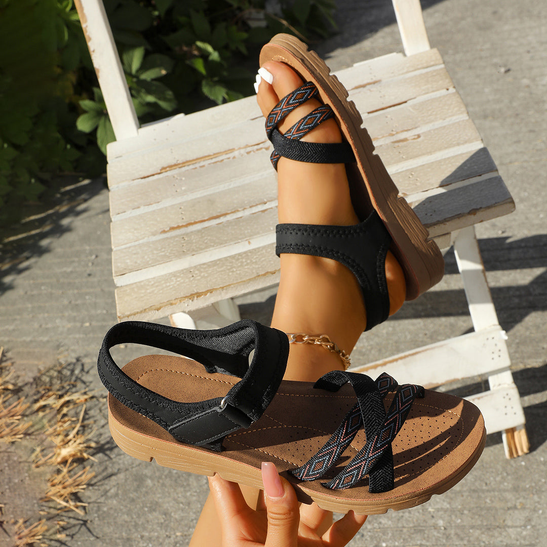 Damen Sandalen mit elastischen Kreuzriemen und Leoprint-Zehenriemen Drune