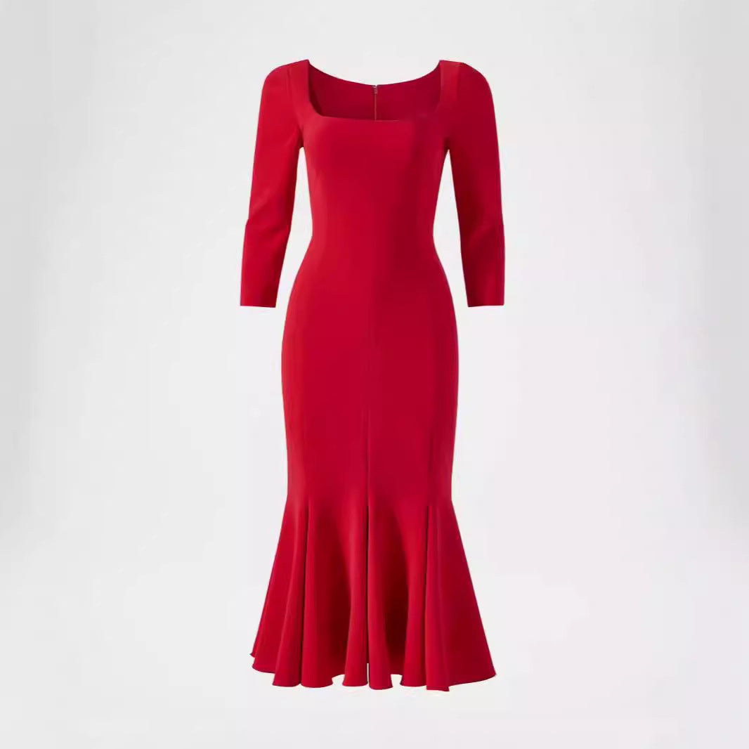 Damen Figurbetontes Midikleid mit quadratischem Ausschnitt und Meerjungfrauen-Saum Drune