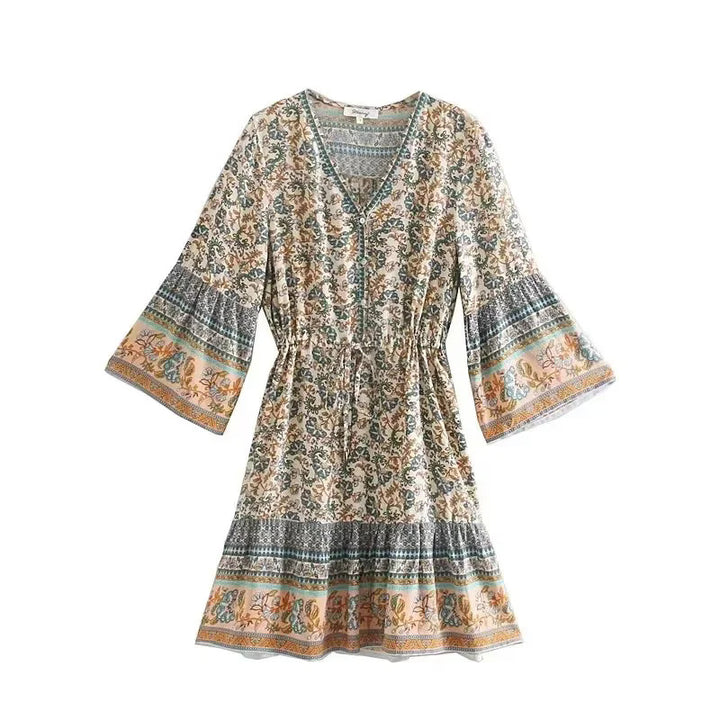 Damen Boho‑Minikleid mit V‑Ausschnitt, Tunnelzug‑Taillierung und Glockenärmeln Drune