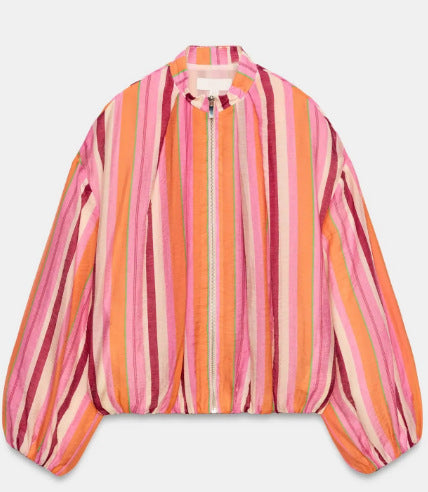 Damen Leichte gestreifte Cropped‑Bomberjacke mit Ballonärmeln und Reißverschluss Drune