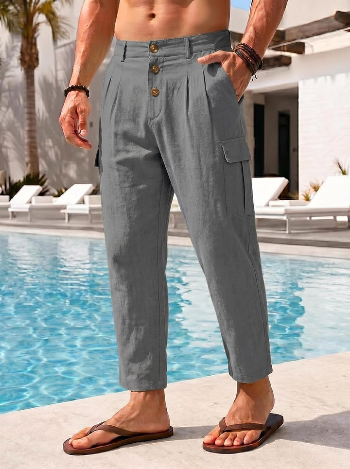 Herren lässige Leinen-Cargo-Chino mit Knopfleiste, Bundfalten und gekürzter Knöchellänge Drune