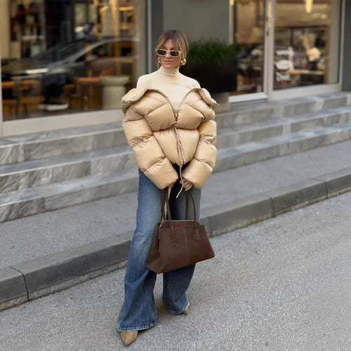 Damen Kurzsteppjacke im Carmen‑Look mit Tunnelzug‑Taillierung und voluminösen Ärmeln Drune