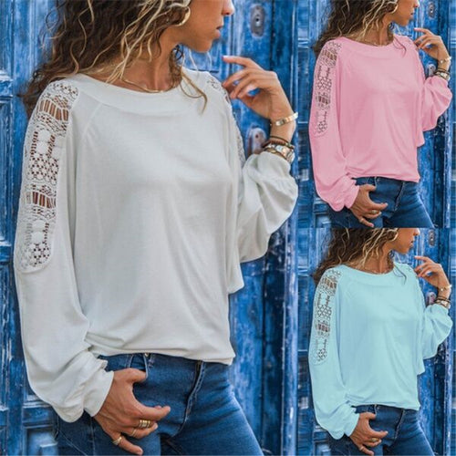 Damen lässiges Langarmshirt mit Spitzen-Akzenten und modischem Schnitt Drune
