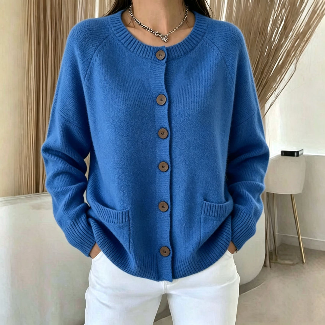 Damen Knopf-Cardigan mit Rundhals, aufgesetzten Taschen und Raglanärmeln Drune