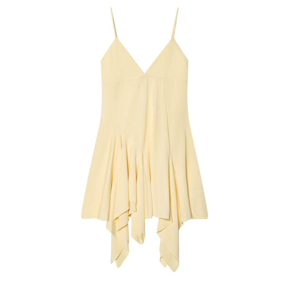 Damen fließendes Spaghetti-Trägerkleid mit asymmetrischem Saum und elegantem Faltenwurf Drune