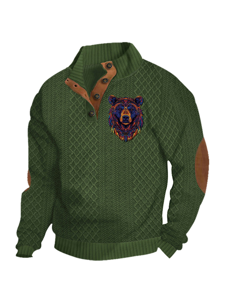Herren nan Heritage-Strukturpullover mit Stehkragen Lederimitat-Besatz Ellenbogen-Patches und Halbknopfleiste Drune