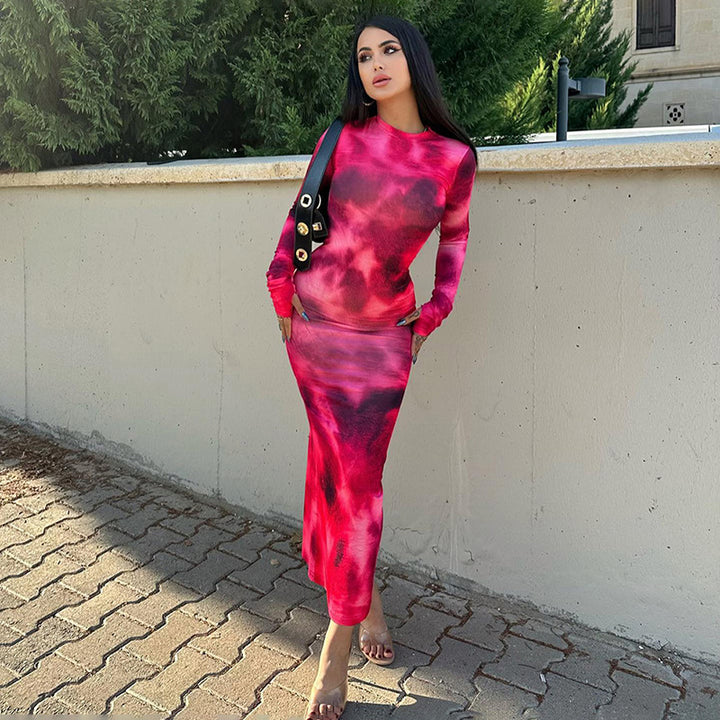 Damen Langarm Maxikleid mit modernem Batikmuster und figurschmeichelndem Schnitt Drune