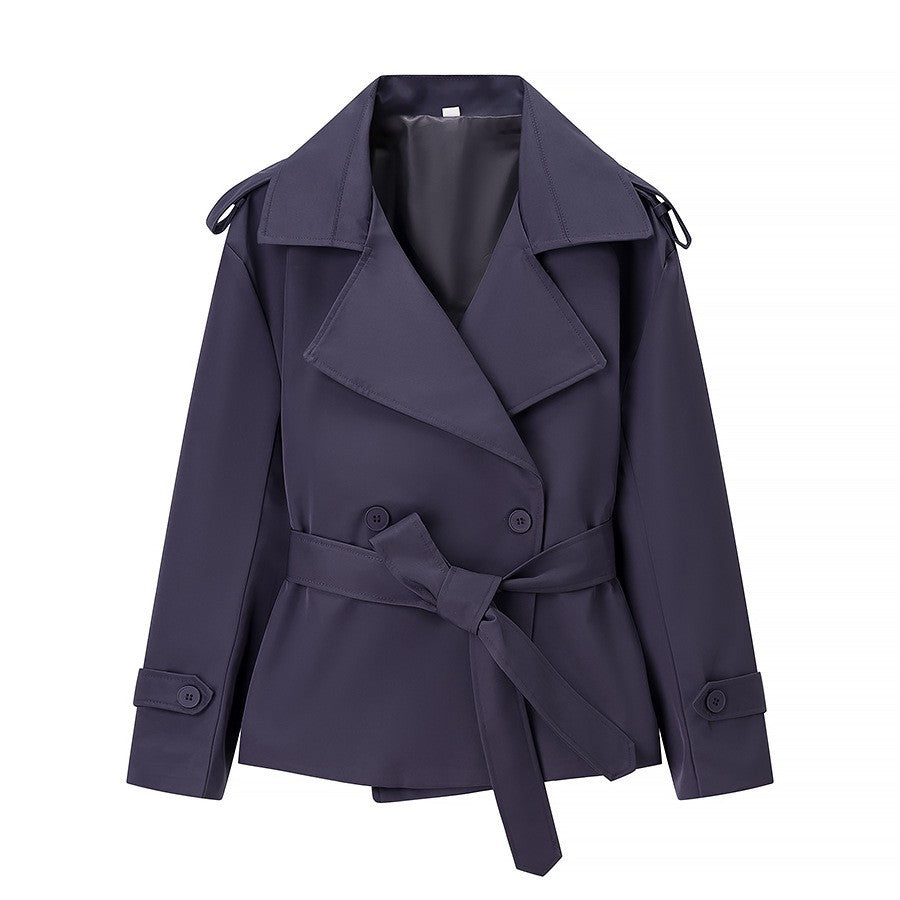 Damen nan kurze Trenchcoat Jacke mit Taillengürtel breitem Revers und dekorativen Schulterklappen Drune
