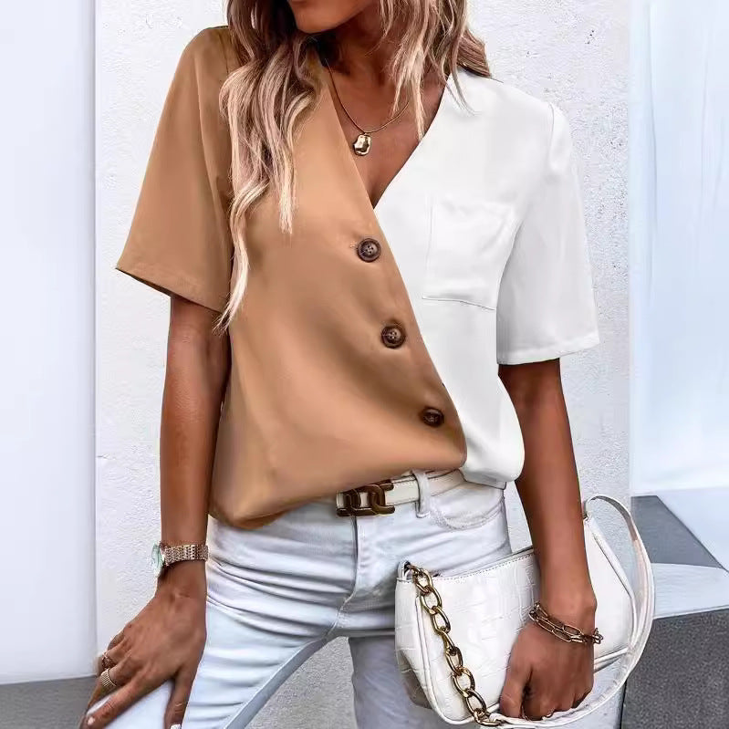 Damen Chice Hemdbluse mit asymmetrischem Farbdesign und Knopfdetails Drune